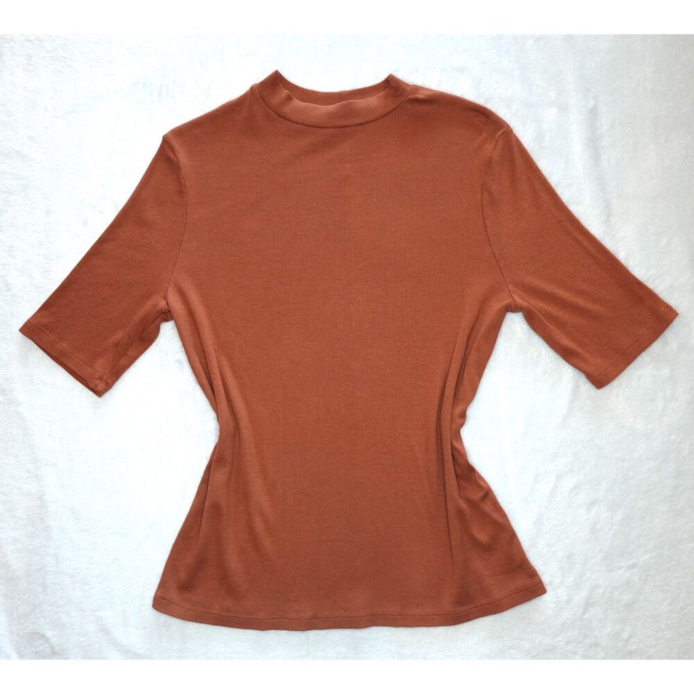 A New Day Women's Brown Mock Turtleneck Ribbed Shirt SOFT & STRETCHY Sz L